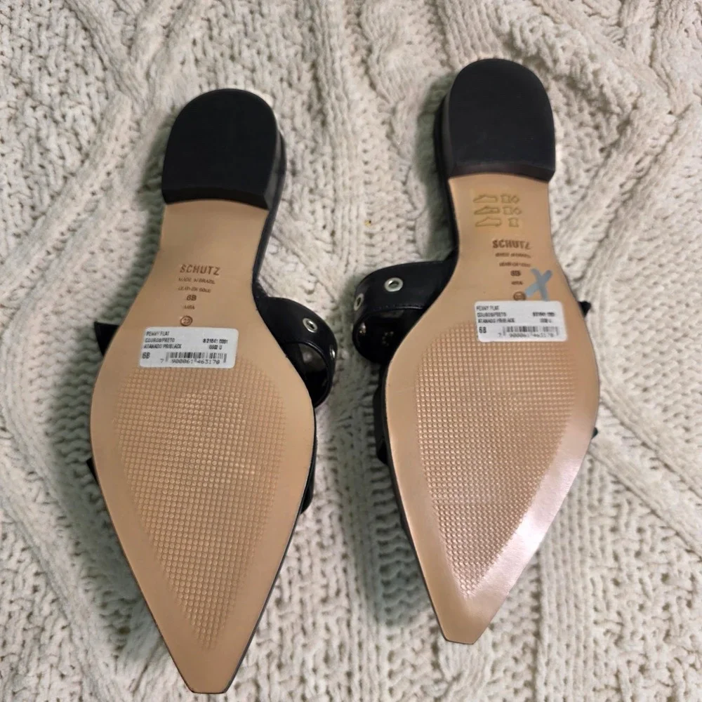 Schutz Penny Flat Leather Mules Black Double Moto Buckle Pointed Toe Women 6 NEW - Picture 4 of 5